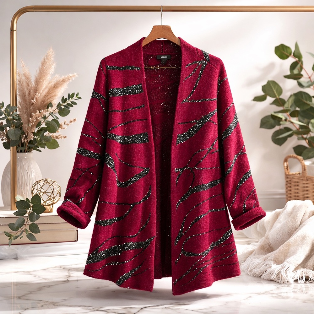 Burgundy Sparkle Statement Cardigan XL Y2K Glitter Zebra Open Front Duster - Picture 2 of 7